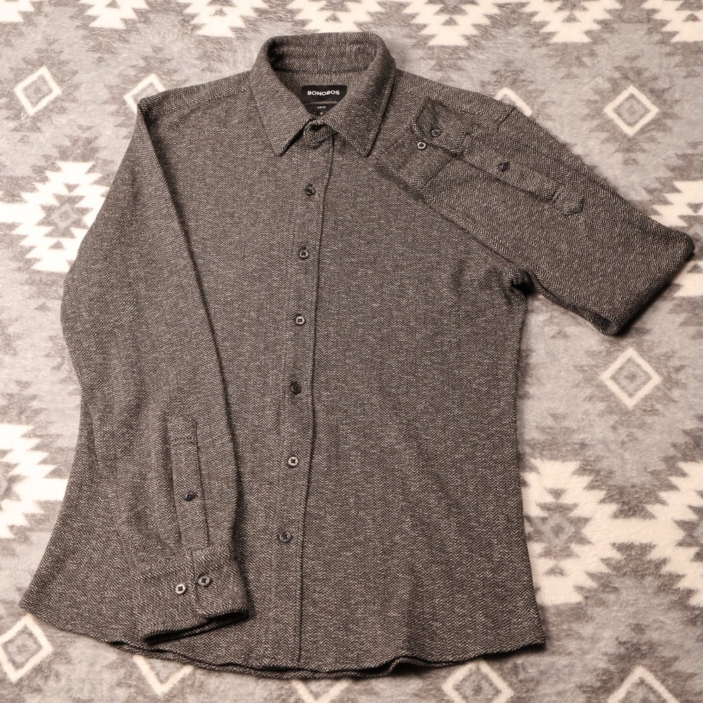 Bonobos Slim Fit Herringbone Button Down Shirt Grey M Heavy Preppy Minimalist